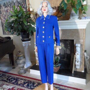St. John Collection Royal Blue 3 Piece Skirt-Trouser-Jacket Knit Suit Size 6